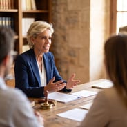 Yvonne Plattes erklärt am Tisch eines Notariats zwei Gesprächspartnern die Unterlagen