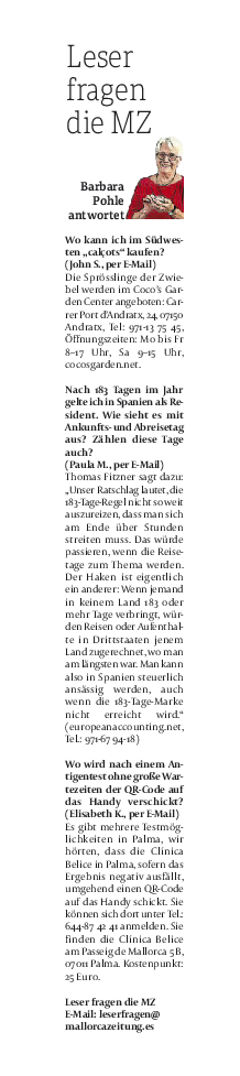 Mallorca Zeitung MZ: "Leser fragen die MZ, Barbara Pohle antwortet."