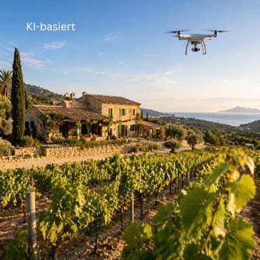 KI-Illustration Mallorca-Finca mit Weinberg und Drohne