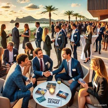 Viele Menschen in Anzügen und Cocktail-Kleidern auf einer Terrasse, mit Blick auf Palmen und das Meer