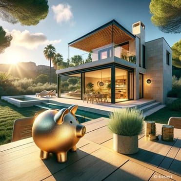 Villa im Grünen, auf der Terrasse davor steht ein großes Sparschwein