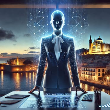 KI-Illustration einer virtuellen Beraterin in Büro mit Blick auf Mallorca