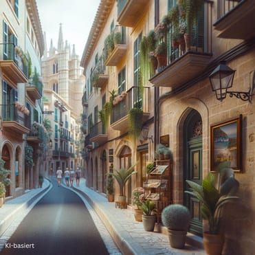 Eine alte Straße im Mallorquinischen Stil, mit vielen kleinen Balkonen