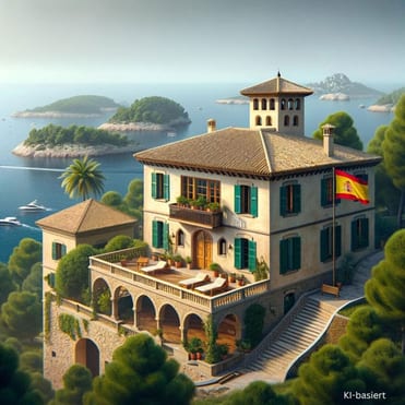 Mallorquinischen Villa mit Deutscher Flagge am Haus und im Hintergrund sieht man das Meer