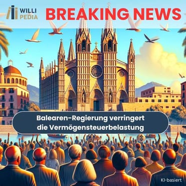 Gruppe jubelnder Menschen steht vor der Kathedrale von Palma, Schriftzug Balearen-Regierung verringert die Vermögensteuerbelastung