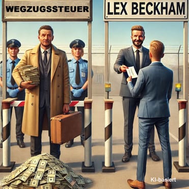 Zwei Prüfschranken, über der Linken steht Wegzugssteuer und darunter steht ein Mann mit einem Koffer unter dem Arm und einem Haufen Geldscheinen auf dem Boden vor sich und rechts über der Schranke steht Lex Beckham und darunter ein Mann mit Anzug und einem Zettel in der Hand
