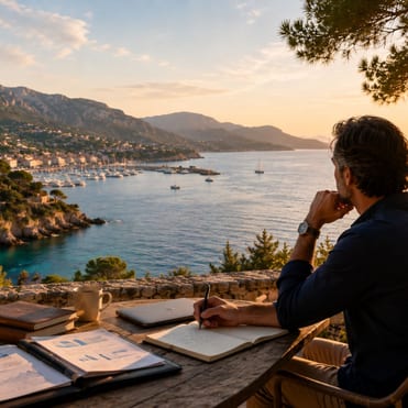KI-Illustration: Berater blickt auf eine mallorquinische Bucht
