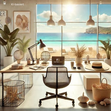 Ein leerer Schreibtischplatz, dahinter dann ein großes Fenster mit Blick auf das Meer