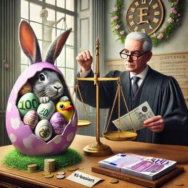 KI-Illustration ein großes Osterei voller Geld auf einem Richtertisch