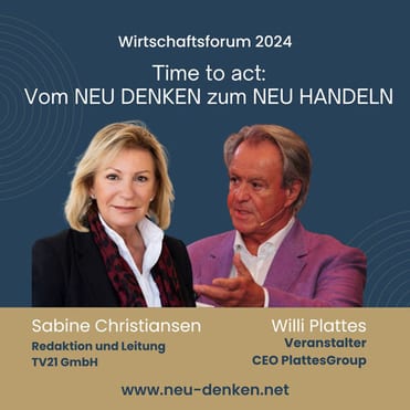 Sabine Christiansen und Willi Plattes vor blauem Hintergrund