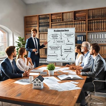 Ein Holztisch mit fünf Personen und ein Mann vor einem Flipchart der etwas präsentiert