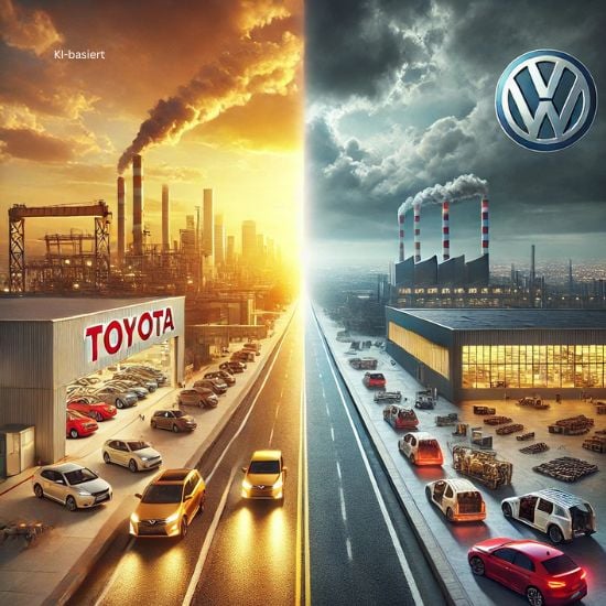 Key-Visual zur Krise der deutschen Automobilindustrie und dem Vergleich zwischen Volkswagen und Toyota.