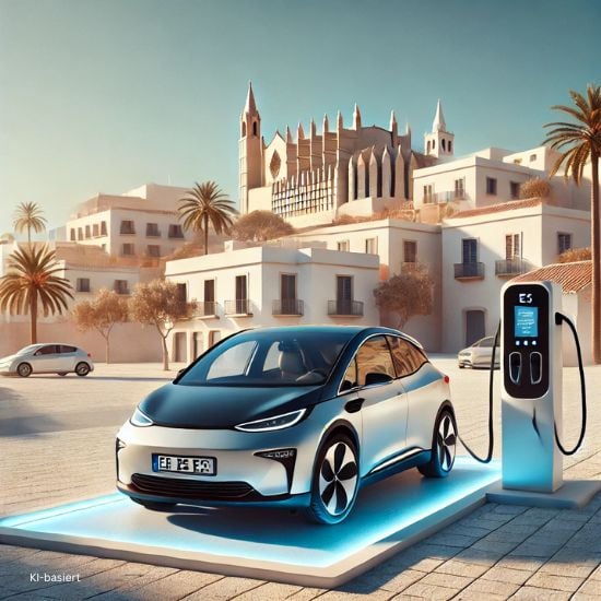 Symbolbild E-Auto an Ladesäule vor Kathedrale von Palma