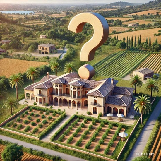 Eine Malloquinische Villa aus der Vogelperspektive mit Olivenplantage davor