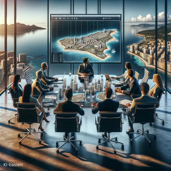 Investoren sitzen an einem Sitzungstisch zusammen und sprechen über Bauprojekte auf Mallorca