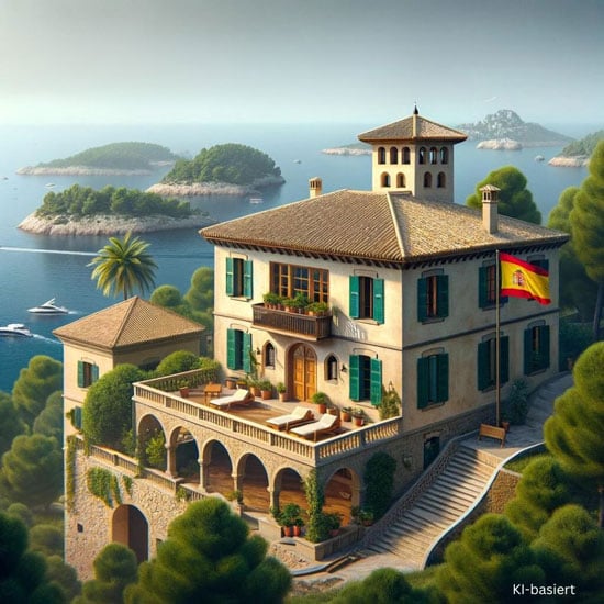 Mallorquinischen Villa mit Deutscher Flagge am Haus und im Hintergrund sieht man das Meer