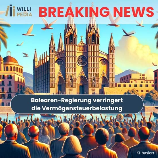 Gruppe jubelnder Menschen steht vor der Kathedrale von Palma, Schriftzug Balearen-Regierung verringert die Vermögensteuerbelastung