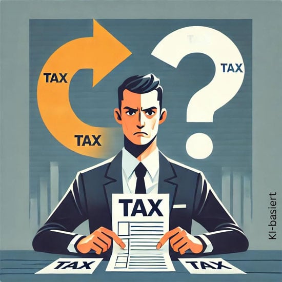 Comicmannfigut mit einem Zettel in de Hand auf dem Tax steht, dahinter ist ein Fragezeichen und ein Pfeil abgebildet