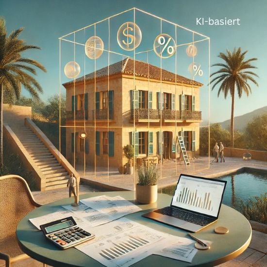 KI-Illustration einer Mallorca_Villa im Umbau mit steuerlichen Elementen