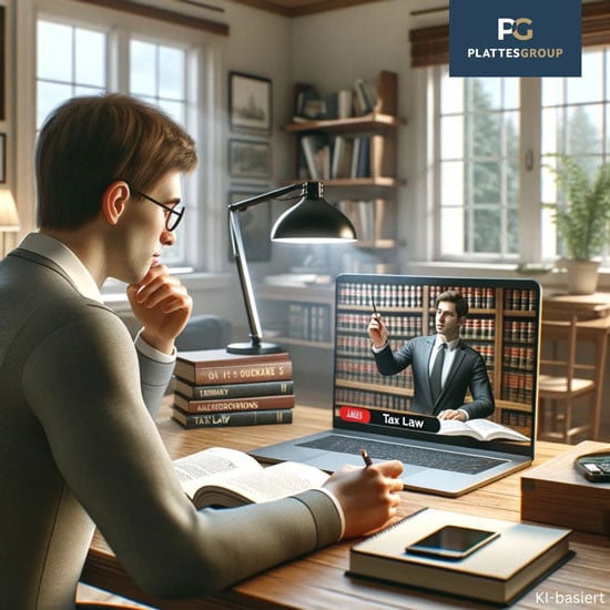 Ein Steuerberater sitzt vor einem Laptop und schaut sich eine digitale Weiterbildung an.