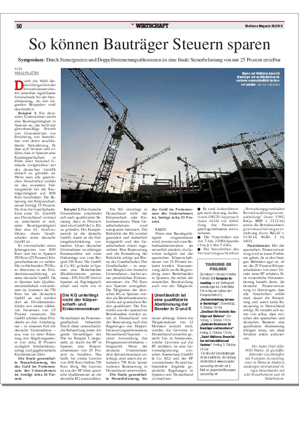 Mallorca Magazin 38/2018; "So können Bauträger Steuern sparen"; Durch die Wahl länderübergreifender Investitionsstrukturen entstehen signifikante