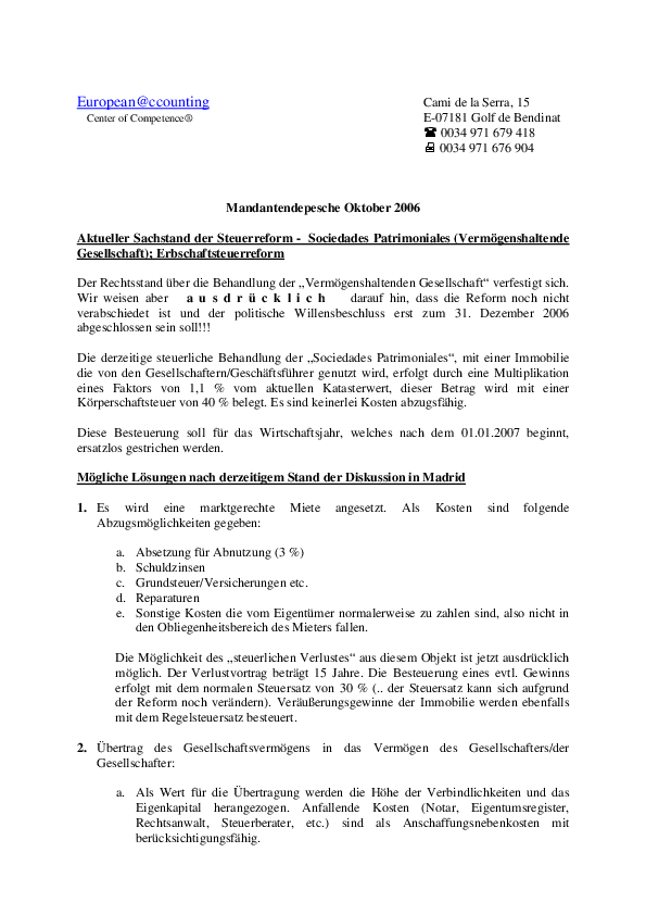 Mandantendepesche Oktober 2006