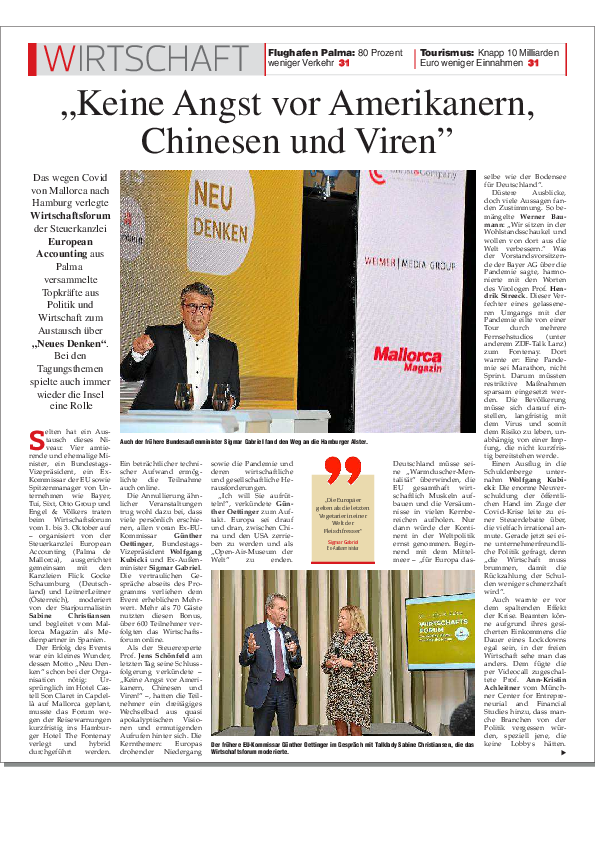 "Keine Angst vor Amerikanern, Chinesen und Viren" Mallorca Magazin - Beim Wirtschaftsforum NEU DENKEN in Hamburg kommen wichtige Vertreter aus Politik und Wirtschaft zusammen 08. Oktober 2020