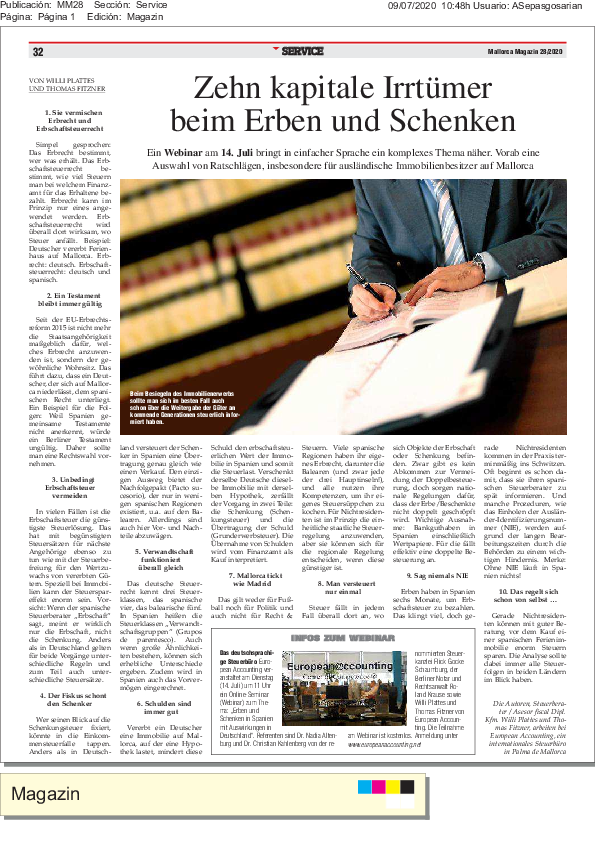 Mallorca Magazin 28/2020; "Zehn kapitale Irrtümer"; Zehn kapitale Irrtümer beim Erben und Schenken Mallorca Magazin - Gute Beratung kann kostspielige Nachteile vorbeugen 09. Juli 2020