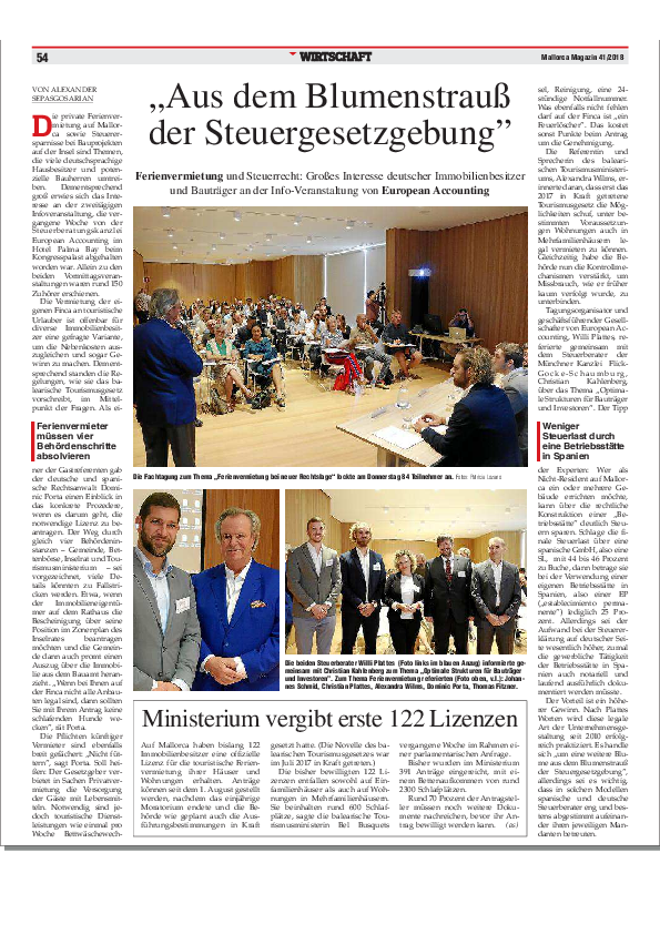 Mallorca Magazin 41/2018; "Aus dem Blumenstrauß der Steuergestezgebung"; Die private Ferienvermietung auf Mallorca sowie Steuerersparnisse bei Bauprojekten