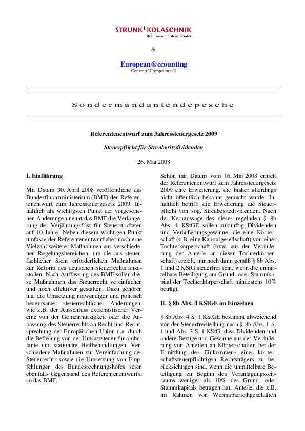 Sondermandantendepesche Steuerbesitzdividenden
