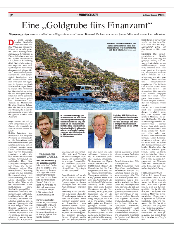 Mallorca Magazin 37/2018; "Eine Goldgrube für das Finanzamt"; Die Steuerexperten Dr. Christian Kahlenberg (Flick Gocke Schaumburg, Berlin)