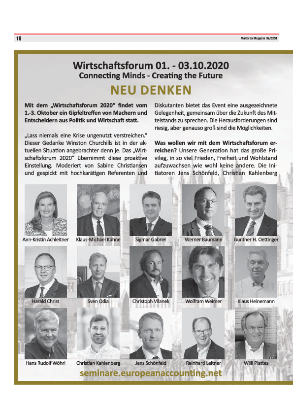 Wirtschaftsforum - Neu Denken Mallorca Magazin - 01. - 03. Oktober 2020 03. September 2020