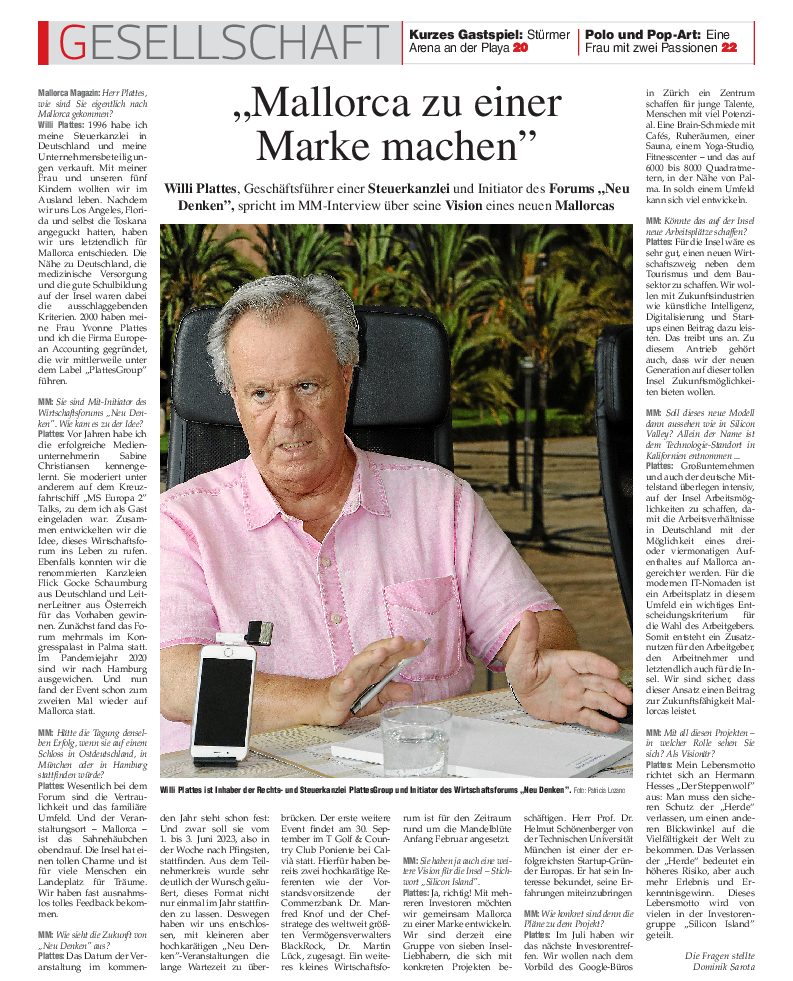 Mallorca Magazin Gesellschaft Teil:" Mallorca zu einer Marke machen." Interview mit Willi Plattes.