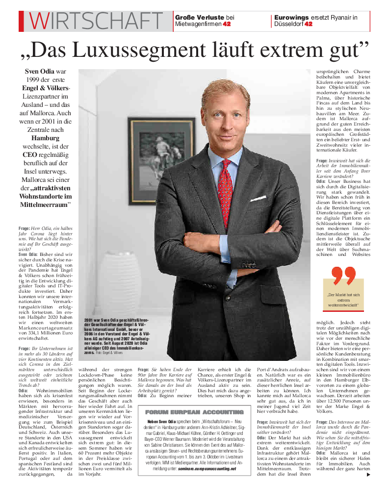 Beitrag: "Das Luxussegment läuft extrem gut" Interview mit Engel & Völkers-CEO Sven Odia im Vorfeld des Wirtschaftsforums NEU DENKEN, das seine erste Ausgabe feiert. 17. September 2020