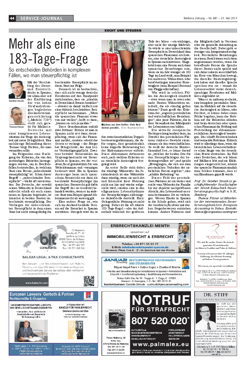 Mallorca Zeitung Nr. 681 - 21. Mai 2013:"Mehr als eine 183-Tage-Frage." Mit Günther Strunk und Thomas Fitzner.