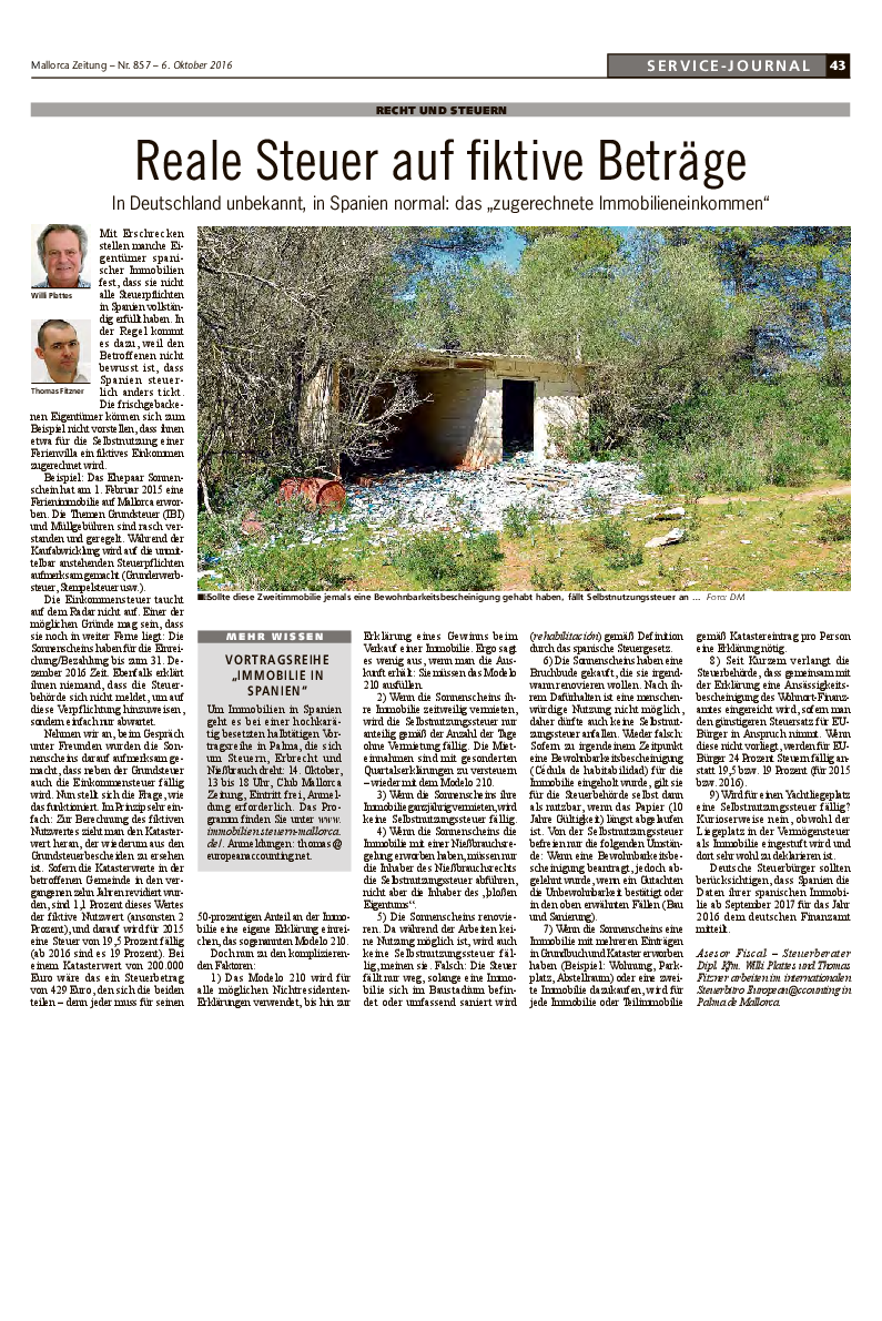 Mallorca Zeitung Nr. 857 - 6. Oktober 2016: "Reale Steuer auf fiktive Beträge"