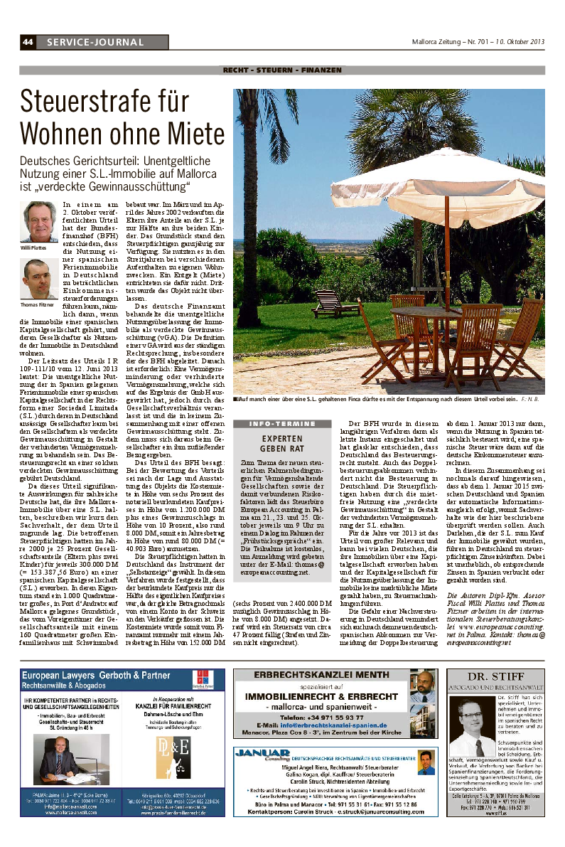 Mallorca Zeitung Nr. 701 - 10. Oktober 2013: "Steuerstrafe für Wohnen ohne Miete." Mit Thomas Fitzner und Willi Plattes
