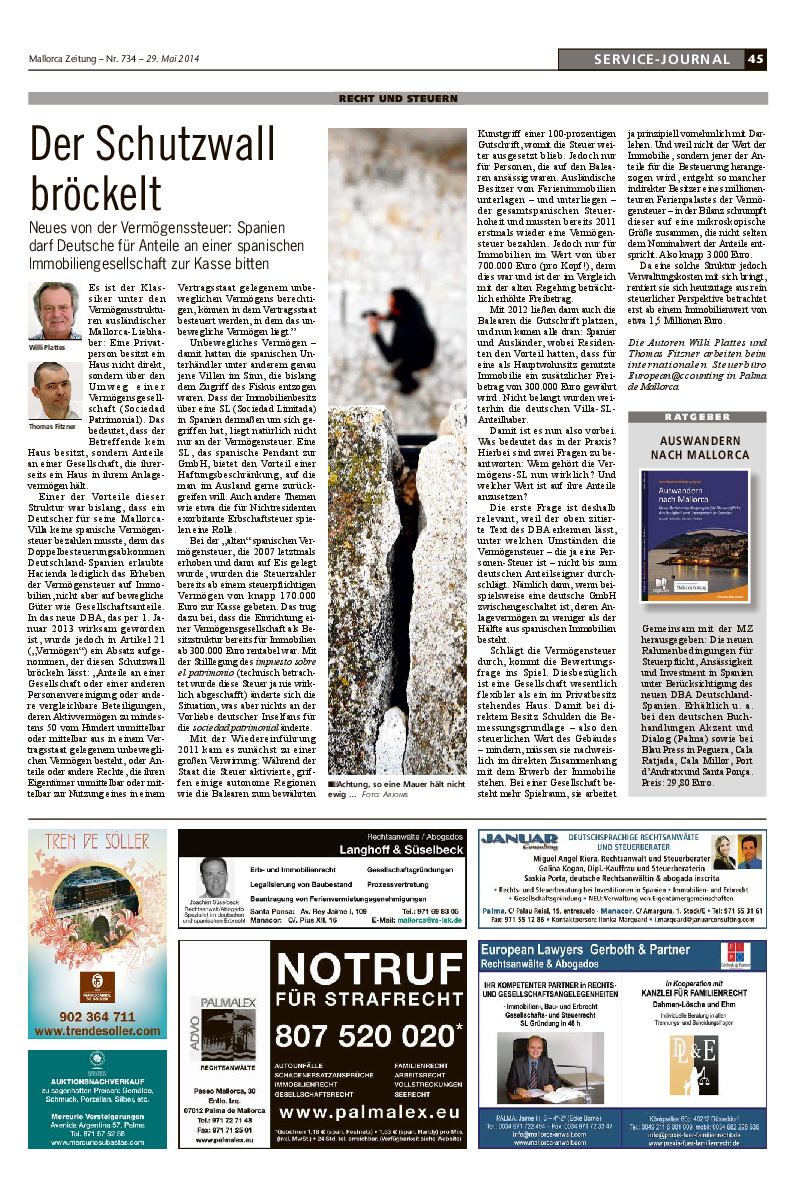 Mallorca Zeitung Nr. 734 - 19. Mai 2014: "Der Schutzwall bröckelt." Mit Willi plattes und Thomas Fitzner.