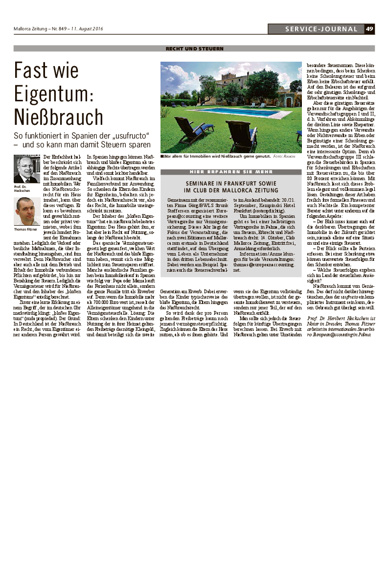 Mallorca Zeitung Nr. 849 - 11. August 2016: "Fast wie Eigentum: Nießbrauch."