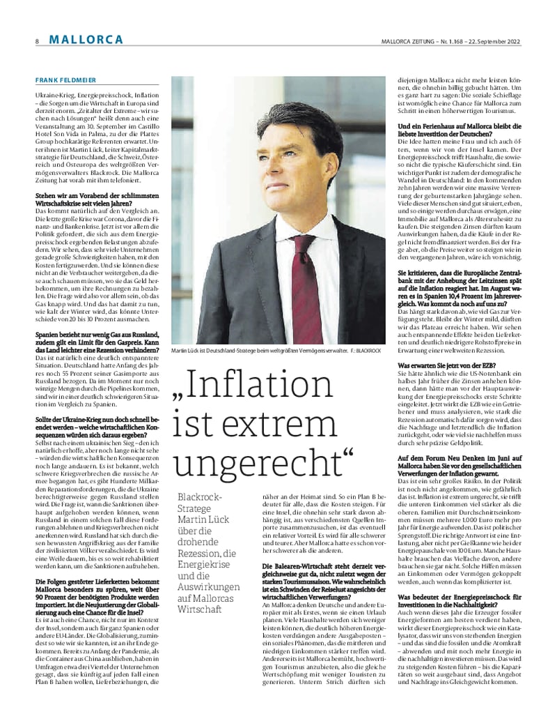 Ausschnitt der Mallorca Zeitung vom 12.09.2022: „Inflation ist extrem ungerecht" (Martin Lück)