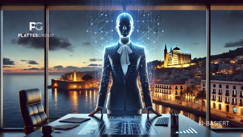 KI-Illustration einer virtuellen Beraterin in Büro mit Blick auf Mallorca
