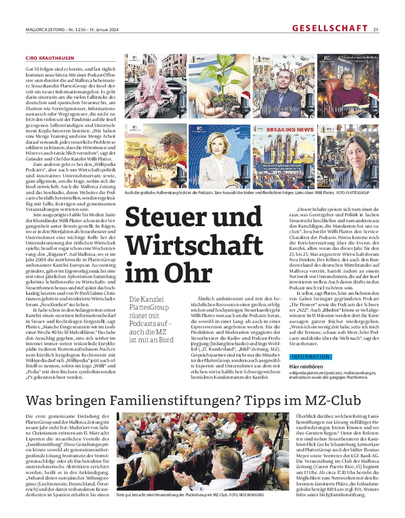 Artikel in der Mallorca Zeitung über die Zusammenarbeit mit der PlattesGroup