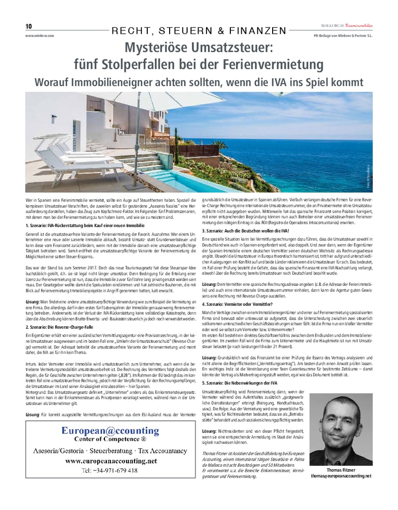 PR-Beilage von Minkner & Partner S.L.; Mallorcas Traumimmobilien; Recht, Steuern, Finanzen; "Mysteriöse Umsatzsteuer: fünf Stolperfallen bei der Ferienvermietung