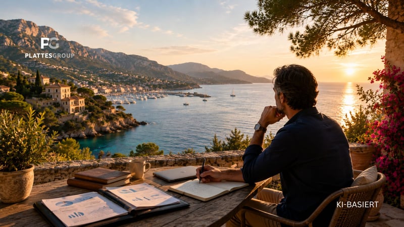 KI-Illustration: Berater blickt auf eine mallorquinische Bucht