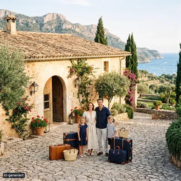 KI-erzeugt: Familie steht mit gepackten Koffern vor einer Finca auf Mallorca