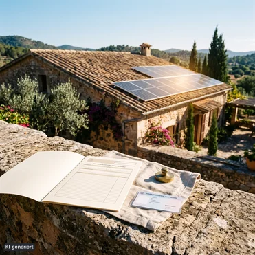Solarmodule auf dem Ziegeldach einer Finca, davor Förderantrag und Residenzkarte