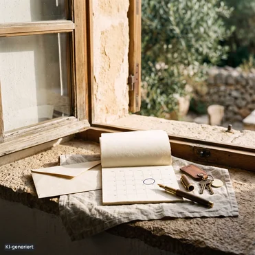 Spanisches Steuerformular und Wandkalender mit markierter Frist auf einer sonnigen Fensterbank