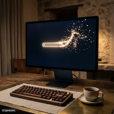 Leuchtende Suchleiste auf einem Monitor, die sich in Lichtpartikel auflöst