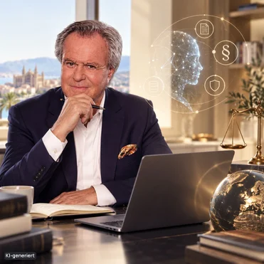 KI-Illustration: CEO Willi Plattes in seinem Büro mit Blick auf die Kathedrale