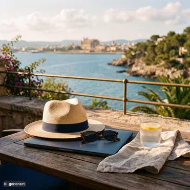 Geschlossener Laptop mit Strohhut und Sonnenbrille auf einer Terrasse über der Bucht von Palma